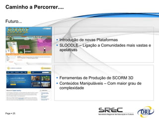 Caminho a Percorrer....

Futuro...



                     Introdução de novas Plataformas
                     SLOODLE – Ligação a Comunidades mais vastas e
                      apelativas




                     Ferramentas de Produção de SCORM 3D
                     Conteúdos Manipuláveis – Com maior grau de
                      complexidade




Page  25
 