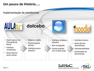 Um pouco de História.....

Implementação de plataformas




                      dolcebo

   Open source, em    Italiano e inglês    Interface simples e    Interface intuitivo
    Português do       Pouco suporte         atractivo              Apoio técnico
    Brasil              técnico              Boa navegação           diversificado
   Interface          Interface pouco      Versão gratuita        Interoperabilidade
    complicado,         atractivo             com muitos bugs        Diversidade de
   Apoio técnico
                                                                      ferramentas
    pouco eficaz




Page  3
 