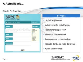 A Actualidade...

Oferta às Escolas.....

                                        Serviços

                          10 GB, expansível

                          Administração pela Escola.

                          Transferência por FTP

                          Interface costumizável

                          Interoperável com o infolive

                          Alojada dentro da rede da SREC

                          Apoio técnico local



Page  5
 