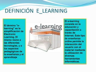 DEFINICIÓN E_LEARNING
                    El e-learning
                    consiste en la
El término "e-
                    educación y
learning" es la
                    capacitación a
simplificación de
                    través de
Electronic
                    Internet. Este tipo
Learning. El
                    de enseñanza
mismo reúne a
                    online permite la
las diferentes
                    interacción del
tecnologías, y a
                    usuario con el
los aspectos
                    material mediante
pedagógicos de
                    la utilización de
la enseñanza y el
                    diversas
aprendizaje
                    herramientas
                    informáticas.
 