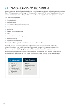 108
8.4	 Using communication tools for e-learning
E-learning activities can be realized by using a range of communication tools – both synchronous and asynchronous.
Some of these tools, such as wikis, blogs and chats, are called “social media” or “Web2” tools, because they have
a strong social component and allow people to work together to create products, such as a project document.
The most common tools are:
>> e-mail based tools
>> discussion forums
>> wikis and other shared writing/editing tools
>> blogs
>> webcasting
>> chat and instant messaging (IM)
>> polling
>> whiteboard and screen-sharing tools
>> application sharing
>> audio and video conferences
These tools and their applications in e-learning courses are described below.
Generally speaking, asynchronous tools, such as forums and wikis, are more appropriate for tasks that
require reflection and more time to accomplish. Asynchronous discussions are especially valuable where
learners are too shy or lack language fluency to collaborate effectively in real time conversations.
However, synchronous tools, like chats or audio conferences, provide higher social presence. For example, in
virtual classrooms, learners can use chats to offer comments and answer questions during the presentation.
Synchronous
> Chat and IM
> Video and
audio conference
> Live webcasting
> Application sharing
> Whiteboard
> Polling
Asynchronous
> E-mail
> Discussion forum
> Wiki
> Blog
> Webcasting
 