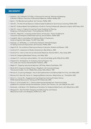 129
>> Anderson, L.W., Krathwohl, D.R. (Eds.), A Taxonomy for Learning, Teaching and Assessing.
A Revision of Bloom’s Taxonomy of Educational Objectives, Addison Wesley, 2001
>> Bersin J. The Blended Learning Book. San Francisco: Pfeiffer, 2004
>> Clark R.C., The New Virtual Classroom: Evidence-based Guidelines for Synchronous e-Learning, Pfeiffer 2007
>> Clark R.C. Evidence-Based Training Methods. A Guide for Training Professionals. Alexandria, Virginia: ASTD Press, 2010
>> Clark R.C., Lyons, C. Graphics for Learning: Proven Guidelines for Planning,
Designing, and Evaluating Visuals in Training Materials, Pfeiffer 2011
>> Clark R.C., Mayer R.E., e-Learning and the Science of Instruction - Proven Guidelines for
Consumers and Designers of Multimedia Learning, Second Edition, Pfeiffer 2005
>> Crandall B., Klein G. and Hoffman R.R. Working Minds. A Practitioner’s
Guide to Cognitive Task Analysis. The MIT Press, 2006
>> Dessinger, J.C. & Moseley, J.L. Confirmative Evaluation: Practical Strategies
for Valuing Continuous Improvement. San Francisco: Pfeiffer, 2004
>> Gagné R. M., The conditions of learning and theory of instruction, Rinehart and Winston, 1985
>> Gronlund N. E., Assessment of Student Achievement, Allyn & Bacon, 2002
>> Gronlund N. E., How to write and use Instructional Objectives, Prentice-Hall Inc., New Jersey, 2000
>> Horton W., Designing Web-Based Training, John Wiley, 2000
>> Jonassen D. H., Learning to solve problems – An instructional design guide, Wiley & Sons 2004
>> Kirkpatrick D.L. & Kirkpatrick J.D. Evaluating Training Programs. The
Four Levels. San Francisco: Berrett-Koehler Publishers, 2006
>> Mager R. F., Preparing instructional objectives, CEP Press, Atlanta,Third Edition 1997
>> Merrill, M.D. Component Display Theory in Reigeluth, C.M. Instructional Design
Theories and models, 1st vol., Hilldale (New Jersey, USA), Erlbaum 1987
>> Morrison D., E-Learning Strategies - How to Get Implementation and Delivery Right First Time, John Wiley 2003
>> Morrison G.R., Ross S.M., Kemp J.E., Designing Effective Instruction, Wiley & Sons, Inc., Third Edition 2001
>> Quinn C.L., Conner M.L., Engaging Learning: Designing e-Learning Simulation Games.
Pfeiffer Essential Resources for Training and HR Professionals, 2005
>> Shrock, S. A. & Coscarelli, W. C., Criterion-referenced test development: Technical and legal
guidelines for corporate training and certification. (3rd.ed.). San Francisco, CA: John Wiley & Sons, 2007
>> Sokolowski, J.A.& Banks, C.M., Modeling and Simulation for Analyzing Global Events. John Wiley & Sons, 2009
>> Westgaard O., Tests That Work: Designing and Delivering Fair and Practical
Measurement Tools in the Workplace, Pfeiffer & Co, 1999
BIBLIOGRAPHY
 