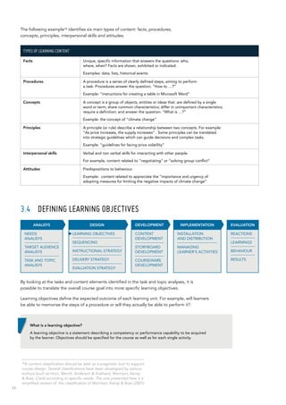 34
The following example14
identifies six main types of content: facts, procedures,
concepts, principles, interpersonal skills and attitudes.
Types of learning content
Facts Unique, specific information that answers the questions: who,
where, when? Facts are shown, exhibited or indicated.
Examples: data, lists, historical events
Procedures A procedure is a series of clearly defined steps, aiming to perform
a task. Procedures answer the question: “How to …?”
Example: “instructions for creating a table in Microsoft Word”
Concepts A concept is a group of objects, entities or ideas that: are defined by a single
word or term; share common characteristics; differ in unimportant characteristics;
require a definition; and answer the question: “What is …?”
Example: the concept of “climate change”
Principles A principle (or rule) describe a relationship between two concepts. For example:
“As price increases, the supply increases” . Some principles can be translated
into strategic guidelines which can guide decisions and complex tasks.
Example: “guidelines for facing price volatility”
Interpersonal skills Verbal and non verbal skills for interacting with other people.
For example, content related to “negotiating” or “solving group conflict”
Attitudes Predispositions to behaviour.
Example: content related to appreciate the “importance and urgency of
adopting measures for limiting the negative impacts of climate change”
3.4	 DEFINING LEARNING OBJECTIVES
By looking at the tasks and content elements identified in the task and topic analyses, it is
possible to translate the overall course goal into more specific learning objectives.
Learning objectives define the expected outcome of each learning unit. For example, will learners
be able to memorize the steps of a procedure or will they actually be able to perform it?
INSTALLATION
AND DISTRIBUTION
MANAGING
LEARNER’S ACTIVITIES
IMPLEMENTATION
CONTENT
DEVELOPMENT
STORYBOARD
DEVELOPMENT
COURSEWARE
DEVELOPMENT
DEVELOPMENT EVALUATION
REACTIONS
LEARNINGS
BEHAVIOUR
RESULTS
DESIGN
LEARNING OBJECTIVES
SEQUENCING
INSTRUCTIONAL STRATEGY
DELIVERY STRATEGY
EVALUATION STRATEGY
ANALISYS
NEEDS
ANALISYS
TARGET AUDIENCE
ANALISYS
TASK AND TOPIC
ANALISYS
What is a learning objective?
A learning objective is a statement describing a competency or performance capability to be acquired
by the learner. Objectives should be specified for the course as well as for each single activity.
14
A content classification should be seen as a pragmatic tool to support
course design. Several classifications have been developed by various
authors (such as Horn, Merrill, Anderson & Krathwol, Morrison, Kemp
& Ross, Clark) according to specific needs. The one presented here is a
simplified version of the classification of Morrison, Kemp & Ross (2001).
 