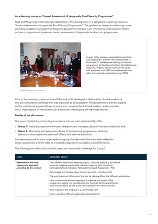 39
An e-learning course on “Impact Assessment of Large-scale Food Security Programmes”
FAO and Wageningen International collaborated in the development of a self-paced e-learning course on
“Impact Assessment of Large-scale Food Security Programmes”. The goal was to design an e-learning course
providing guidance to programme designers, programme managers and monitoring and evaluation officers
on how to organize and implement impact assessments of large-scale food security programmes.
Prior to the workshop, a team of three SMEs and an ID developed a draft outline of a task analysis. A
two‑day consultative workshop then was organized to bring together field practitioners, trainers, experts
and/or institutional representatives to review and complete the draft task analysis, and to consider
which organizations or individuals could best assist in developing the learning materials.
Results of the discussions
The group divided the primary target audience into two main professional profiles:
>> Group 1: National programme directors, designers and managers, decision-makers and donors; and
>> Group 2: Monitoring and evaluation officers of food security programmes, technical
advisors to the programme, statistical officers and external evaluators.
Lists were prepared for each target audience group that described the major tasks related to
impact assessment and the fields of knowledge required for successful task performance.
The following are a few of the identified tasks and associated knowledge for Group 2:
Tasks Knowledge needed
Recommend the most
appropriate approach
according to the context
The different options for assessing impact, including tools (e.g. household
survey to measure quantitative indicators; existing data to monitor
nationally‑defined indicators; Participatory Impact Assessment - PIA)
Advantages and disadvantages of each approach, including costs
The most important information that can be obtained from the different approaches
How to determine the best approach to measure the impact of the
programme, taking into consideration the financial, technical and human
resources available, as well as the main questions we want to answer
How to present the proposal in a user-friendly form
How to combine different approaches (triangulation)
As part of the process, a consultative workshop
was organized in 2009 at FAO headquarters in
Rome with 21 professionals working in national
programmes for food security (from Central America,
Indonesia, Nigeria, Pakistan and Sierra Leone),
staff members from FAO and professionals from
other international organizations (e.g. IFAD).
©FAO/Beatrice Ghirardini
 