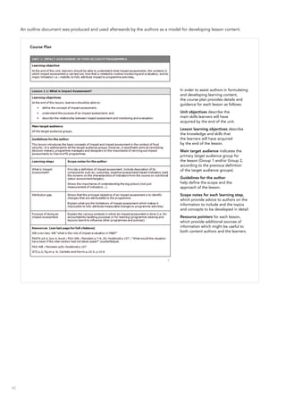 42
An outline document was produced and used afterwards by the authors as a model for developing lesson content.
In order to assist authors in formulating
and developing learning content,
the course plan provides details and
guidance for each lesson as follows:
Unit objectives describe the
main skills learners will have
acquired by the end of the unit.
Lesson learning objectives describe
the knowledge and skills that
the learners will have acquired
by the end of the lesson.
Main target audience indicates the
primary target audience group for
the lesson (Group 1 and/or Group 2,
according to the previous definition
of the target audience groups).
Guidelines for the author
help define the scope and the
approach of the lesson.
Scope notes for each learning step,
which provide advice to authors on the
information to include and the topics
and concepts to be developed in detail.
Resource pointers for each lesson,
which provide additional sources of
information which might be useful to
both content authors and the learners.
Course Plan
 