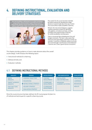 44
4.	 Defining instructional, evaluation and
delivery strategies
This chapter provides guidance on how to make decisions about the overall
course design. It will introduce the following topics:
>> Instructional methods for e-learning;
>> Delivery formats; and
>> Evaluation methods.
4.1	 DEFINING INSTRUCTIONAL METHODS
Once the course structure has been defined, the ID must propose the best mix
of methods and techniques for a specific e-learning course.
The content for the course has been decided.
But before starting the development stage,
decisions must be made about the way in which
the course will be made accessible to learners.
Richard, the instructional designer, suggests
creating interactive content for self-study,
with graphics, animations and tests, and also
providing some opportunities to learners
for online socialization and discussion.
Clara is concerned about development time and
budget constraints. The team is also aware that
there are some technology constraints to verify. For
example, it would be completely useless to provide
the course through a synchronous virtual classroom
if learners don’t have a good Internet connection!
INSTALLATION
AND DISTRIBUTION
MANAGING
LEARNER’S ACTIVITIES
IMPLEMENTATION
CONTENT
DEVELOPMENT
STORYBOARD
DEVELOPMENT
COURSEWARE
DEVELOPMENT
DEVELOPMENT EVALUATION
REACTIONS
LEARNINGS
BEHAVIOUR
RESULTS
DESIGN
LEARNING OBJECTIVES
SEQUENCING
INSTRUCTIONAL STRATEGY
DELIVERY STRATEGY
EVALUATION STRATEGY
ANALISYS
NEEDS
ANALISYS
TARGET AUDIENCE
ANALISYS
TASK AND TOPIC
ANALISYS
Are we providing a self-paced or an online workshop
using online communication tools? Which level of
interactivity will the course have? What kinds of media
will be used? Audio, video or just text and graphics?
 