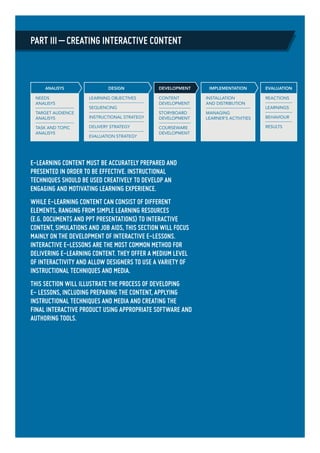 E-learning content must be accurately prepared and
presented in order to be effective. Instructional
techniques should be used creatively to develop an
engaging and motivating learning experience.
While e-learning content can consist of different
elements, ranging from simple learning resources
(e.g. documents and PPT presentations) to interactive
content, simulations and job aids, this section will focus
mainly on the development of interactive e-lessons.
Interactive e-lessons are the most common method for
delivering e-learning content. They offer a medium level
of interactivity and allow designers to use a variety of
instructional techniques and media.
This section will illustrate the process of developing
e- lessons, including preparing the content, applying
instructional techniques and media and creating the
final interactive product using appropriate software and
authoring tools.
PART III – CREATING INTERACTIVE CONTENT
INSTALLATION
AND DISTRIBUTION
MANAGING
LEARNER’S ACTIVITIES
IMPLEMENTATION
CONTENT
DEVELOPMENT
STORYBOARD
DEVELOPMENT
COURSEWARE
DEVELOPMENT
DEVELOPMENT EVALUATION
REACTIONS
LEARNINGS
BEHAVIOUR
RESULTS
DESIGN
LEARNING OBJECTIVES
SEQUENCING
INSTRUCTIONAL STRATEGY
DELIVERY STRATEGY
EVALUATION STRATEGY
ANALISYS
NEEDS
ANALISYS
TARGET AUDIENCE
ANALISYS
TASK AND TOPIC
ANALISYS
 