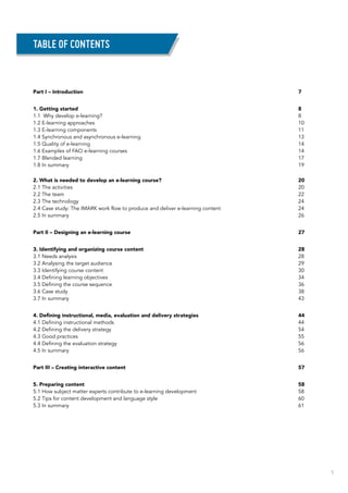 5
Table of contentS
Part I – Introduction	 7
1. Getting started	 8
1.1 Why develop e-learning?	 8
1.2 E-learning approaches	 10
1.3 E-learning components	 11
1.4 Synchronous and asynchronous e-learning	 13
1.5 Quality of e-learning	 14
1.6 Examples of FAO e-learning courses	 14
1.7 Blended learning	 17
1.8 In summary	 19
2. What is needed to develop an e-learning course?	 20
2.1 The activities	 20
2.2 The team	 22
2.3 The technology	 24
2.4 Case study: The IMARK work flow to produce and deliver e-learning content	 24
2.5 In summary	 26
Part II – Designing an e-learning course	 27
3. Identifying and organizing course content	 28
3.1 Needs analysis	 28
3.2 Analysing the target audience	 29
3.3 Identifying course content	 30
3.4 Defining learning objectives	 34
3.5 Defining the course sequence	 36
3.6 Case study	 38
3.7 In summary	 43
4. Defining instructional, media, evaluation and delivery strategies	 44
4.1 Defining instructional methods	 44
4.2 Defining the delivery strategy	 54
4.3 Good practices	 55
4.4 Defining the evaluation strategy	 56
4.5 In summary	 56
Part III – Creating interactive content	 57
5. Preparing content	 58
5.1 How subject matter experts contribute to e-learning development	 58
5.2 Tips for content development and language style	 60
5.3 In summary	 61
 