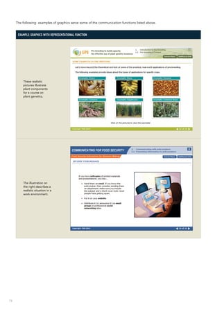 76
The following examples of graphics serve some of the communication functions listed above.
Example: graphics with representational function
These realistic
pictures illustrate
plant components
for a course on
plant genetics.
The illustration on
the right describes a
realistic situation in a
work environment.
 