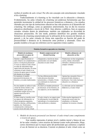 6
reciben el nombre de aula virtual. Por ello este concepto está estrechamente vinculado
al de e-learning.
Tradicionalmente el e-learning se ha vinculado con la educación a distancia.
Evidentemente, las aulas virtuales de e-learning son poderosas herramientas que han
permitido incrementar la calidad de los procesos formativos a distancia, y los estudios
ofertados por este tipo de instituciones educativas han sido pioneros en el desarrollo del
e-learning. Sin embargo, como ya apuntamos anteriormente, hoy en día los recursos
educativos distribuidos a través de la Web –bien abiertos y públicos, bien en espacios
cerrados virtuales dentro de plataformas- también son empleados en diversidad de
situaciones presenciales. De este modo, podemos identificar tres grandes modelos
formativos de e-learning caracterizados por la utilización de los recursos de Internet, en
general, y de las aulas virtuales de forma más específica en función del grado de
presencialidad o distancia en la interacción entre profesor y alumnado. Estos tres
grandes modelos a los que nos referimos son los siguientes (véase cuadro).
Modelos formativos apoyados en e-learning
Modelo de enseñanza
presencial con apoyo de
Internet
Modelo semipresencial o de
blended learning
Modelo a distancia o de
educación on line
Internet y específicamente el
aula virtual es un complemento o
anexo a la docencia presencial
A veces se utiliza el aula virtual
en salas de informática bajo
supervisión del docente. En otras
ocasiones el aula virtual es un
recurso de apoyo para el estudio
del alumno en su hogar.
Integración y mezcla de clases
presenciales con actividades
docentes en aula virtual
Titulaciones on line (asignaturas,
cursos, máster, doctorado)
ofertados a distancia través de
campus virtuales
Se mantiene el modelo
presencial de docencia: en
horarios y en aulas tradicionales
No hay diferenciación nítida
entre procesos docentes
presenciales y virtuales. Existe
un continuum en el proceso
educativo
Apenas hay encuentro físico o
presencial entre alumnos y
profesores. Casi toda el proceso
educativo es a distancia
En este modelo se utiliza el aula
virtual de forma similar a una
fotocopiadora: para que los
estudiantes tengan acceso a los
apuntes/ejercicios de la
asignatura
Se innova el modelo presencial
de docencia: en los horarios, en
los espacios y en los materiales
Lo relevante son los materiales
didácticos y el aula virtual
El aula virtual se concibe como
un espacio de información: se
ofrece programa asignatura,
horarios, tutorías, calificaciones,
apuntes, etc. Existe poca
comunicación e interacción
social a través del aula virtual
El aula virtual es un espacio para
la información, la actividad de
aprendizaje y la comunicación
entre profesores y alumnos
Cobra mucha importancia la
interacción social entre los
estudiantes y el docente
mediante los recursos virtuales
1. Modelo de docencia presencial con Internet: el aula virtual como complemento
o recurso de apoyo.
Este modelo representa el primer nivel o ámbito inicial y básico de uso
de las aulas virtuales y otros recursos de Internet (como webs personales, blogs,
correo electrónico) por la mayor parte del profesorado que comienza a explorar
el uso de Internet en su docencia. Consiste en plantear el aula virtual como un
 