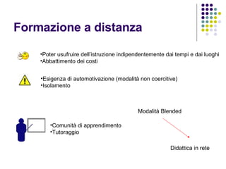 Formazione a distanza Poter usufruire dell’istruzione indipendentemente dai tempi e dai luoghi Abbattimento dei costi Esigenza di automotivazione (modalità non coercitive) Isolamento Comunità di apprendimento Tutoraggio Modalità Blended Didattica in rete 
