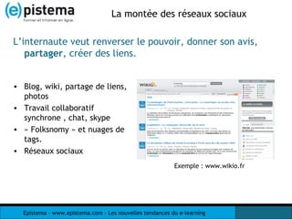 La montée des réseaux sociaux  Blog, wiki, partage de liens, photos Travail collaboratif synchrone , chat, skype « Folksnomy » et nuages de tags. Réseaux sociaux L’internaute veut renverser le pouvoir, donner son avis,  partager , créer des liens. Exemple : www.wikio.fr 