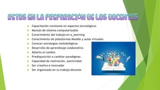  Capacitación constante en aspectos tecnológicos
 Manejo de sistema computarizados
 Conocimiento del trabajo en e_learning
 Conocimiento de plataformas Moodle y aulas virtuales
 Conocer estrategias metodológicas
 Desarrollo de aprendizaje colaborativo
 Abierto al cambio
 Predisposición a cambiar paradigmas
 Capacidad de motivación, asertividad
 Ser creativo e innovador
 Ser organizado en su trabajo docente
 