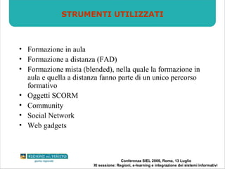 Formazione in aula Formazione a distanza (FAD) Formazione mista (blended), nella quale la formazione in aula e quella a distanza fanno parte di un unico percorso formativo Oggetti SCORM Community Social Network Web gadgets STRUMENTI UTILIZZATI 