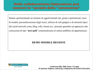 Dalla collaborazione/federazione può nascere la “società della “conoscenza” Stiamo sperimentando un insieme di oggetti/metodi che, grazie a partenariati, riuso di moduli, personalizzazione degli stessi, utilizzo di web gadgets e di elementi tipici del social network come: blog, wiki, forum ecc., possano garantire un approccio alla conoscenza di tipo “ user-pull ” contestualizzato al settore pubblico di appartenenza.  DEMO MOODLE REGIONE 
