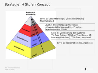 Strategie: 4 Stufen Konzept Level 0: Koordination des Angebotes Level 1: Verknüpfung der Systeme  TU Graz Online / TU Graz TeachCenter (E-Learning Plattform) / TU Graz LearnLand Level 2: Unterstützung innovativer Lehrveranstaltungen und LLL-Projekte; Expertengruppe EGMML Level 3: Gesamtstrategie, Qualitätssicherung, Nachhaltigkeit  