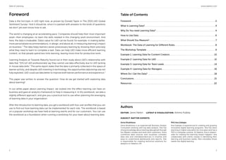 Data of Learning www.valamis.com
2 3
Foreword
Data is the hot topic in L&D right now, as proven by Donald Taylor in The 2019 L&D Global
Sentiment Survey.1
And it should be, since it is packed with answers to the kinds of questions
we don’t yet even know how to ask.
The world is changing at an accelerating pace. Companies should help their most important
asset—their employees—to learn the skills needed in this changing work environment. And
here, the data is invaluable. Data’s value for L&D can be found, for example, in making better,
more personalized recommendations, in design, and above all, in measuring learning’s impact
on business.2
The data helps learners avoid unnecessary learning by showing them precisely
what they need to learn to complete a task. Data can help L&D make more efficient learning
content, so that people spend less time learning, leaving more time for productive work.
Learning Analysts at Towards Maturity found out in their study about L&D’s relationship with
data that “51% [of L&D professionals] say they cannot use data effectively due to L&D lacking
in-house data skills.” The same report states that the data is primarily collected in the space of
learner activity, and despite L&D investing in technology, the opportunities data brings are not
fully exploited. L&D could use data better to improve both learner performance and experience.2
This paper was written to answer the question: How do we get started with exploring data
about learning?
In our white paper about Learning Impact, we looked into the effect learning can have on
business and gave an analytics framework to help in measuring it. In this workbook, we take a
slightly different approach, and give you a practical tool to use when planning the leveraging
of learning data in your organization.
After the introduction to learning data, you get a workbook with four user profiles that you can
use to find out how learning data can be implemented for each role. The workbook is based
on a popular workshop we have held at learning events and for our customers. You can use
the workbook as a foundation when running a workshop for your team about learning data.
Table of Contents
Foreword. .  .  .  .  .  .  .  .  .  .  .  .  .  .  .  .  .  .  .  .  .  .  .  .  .  .  .  .  .  .  .  .  .  .  .  .  .  .  .  .  .  .  .  .  .  .  .  .  .  .  .  .  .  .  .  .  .  .  .  .  .  .  .  .  .  .  .  .  .  .  .  .  . 2
What Is Learning Data?
. .  .  .  .  .  .  .  .  .  .  .  .  .  .  .  .  .  .  .  .  .  .  .  .  .  .  .  .  .  .  .  .  .  .  .  .  .  .  .  .  .  .  .  .  .  .  .  .  .  .  .  .  .  .  .  .  .  .  .  .  . 4
Why Do You need Learning Data?.  .  .  .  .  .  .  .  .  .  .  .  .  .  .  .  .  .  .  .  .  .  .  .  .  .  .  .  .  .  .  .  .  .  .  .  .  .  .  .  .  .  .  .  .  .  .  .  .  .  .  . 4
How to Use Data.  .  .  .  .  .  .  .  .  .  .  .  .  .  .  .  .  .  .  .  .  .  .  .  .  .  .  .  .  .  .  .  .  .  .  .  .  .  .  .  .  .  .  .  .  .  .  .  .  .  .  .  .  .  .  .  .  .  .  .  .  .  .  .  .  .  . 6
What Should You Measure?
. .  .  .  .  .  .  .  .  .  .  .  .  .  .  .  .  .  .  .  .  .  .  .  .  .  .  .  .  .  .  .  .  .  .  .  .  .  .  .  .  .  .  .  .  .  .  .  .  .  .  .  .  .  .  .  .  . 7
Workbook: The Data of Learning for Different Roles
. .  .  .  .  .  .  .  .  .  .  .  .  .  .  .  .  .  .  .  .  .  .  .  .  .  .  .  .  .  .  .  .  .  .  . 8
The Workshop Template.  .  .  .  .  .  .  .  .  .  .  .  .  .  .  .  .  .  .  .  .  .  .  .  .  .  .  .  .  .  .  .  .  .  .  .  .  .  .  .  .  .  .  .  .  .  .  .  .  .  .  .  .  .  .  .  .  .  .  . 9
Example 1: Learning Data for Content Creators.  .  .  .  .  .  .  .  .  .  .  .  .  .  .  .  .  .  .  .  .  .  .  .  .  .  .  .  .  .  .  .  .  .  .  .  .  .  . 10
Example 2: Learning Data for L&D. .  .  .  .  .  .  .  .  .  .  .  .  .  .  .  .  .  .  .  .  .  .  .  .  .  .  .  .  .  .  .  .  .  .  .  .  .  .  .  .  .  .  .  .  .  .  .  .  .  . 12
Example 3: Learning Data for Team Leads.  .  .  .  .  .  .  .  .  .  .  .  .  .  .  .  .  .  .  .  .  .  .  .  .  .  .  .  .  .  .  .  .  .  .  .  .  .  .  .  .  .  .  . 14
Example 4: Learning Data for Managers. .  .  .  .  .  .  .  .  .  .  .  .  .  .  .  .  .  .  .  .  .  .  .  .  .  .  .  .  .  .  .  .  .  .  .  .  .  .  .  .  .  .  .  .  . 16
Where Do I Get the Data?.  .  .  .  .  .  .  .  .  .  .  .  .  .  .  .  .  .  .  .  .  .  .  .  .  .  .  .  .  .  .  .  .  .  .  .  .  .  .  .  .  .  .  .  .  .  .  .  .  .  .  .  .  .  .  .  .  . 18
Conclusions.  .  .  .  .  .  .  .  .  .  .  .  .  .  .  .  .  .  .  .  .  .  .  .  .  .  .  .  .  .  .  .  .  .  .  .  .  .  .  .  .  .  .  .  .  .  .  .  .  .  .  .  .  .  .  .  .  .  .  .  .  .  .  .  .  .  .  .  .  . 21
Resources.  .  .  .  .  .  .  .  .  .  .  .  .  .  .  .  .  .  .  .  .  .  .  .  .  .  .  .  .  .  .  .  .  .  .  .  .  .  .  .  .  .  .  .  .  .  .  .  .  .  .  .  .  .  .  .  .  .  .  .  .  .  .  .  .  .  .  .  .  .  .  . 22
Authors
EDITOR: Jenni Härkin LAYOUT & VISUALIZATION: Kimmo Pukkila
SUBJECT-MATTER EXPERTS:
Anna Khokhlova
Anna Khokhlova is an experienced Business Analyst
Consultant working with big data analysis. She has
strong knowledge about learning data gained through
her Master’s studies and work with customers. Anna
combines data sources and visualizes complex
data sets and interdependencies in intuitive and
easy-to-understand dashboards and reports. She
is responsible for creating technical solutions for
analytics in Valamis LXP.
PhD Ana Gebejes
Ana Gebejes is experienced in creating and growing
innovative digital learning programs. She has been
teaching in higher education for nine years and has a
PhD in computer science. At Valamis, Ana is respon-
sible for making the learning impact happen—she
collaborates with clients closely in identifying their
learning and business needs, then translates those
needs into digital learning.
 