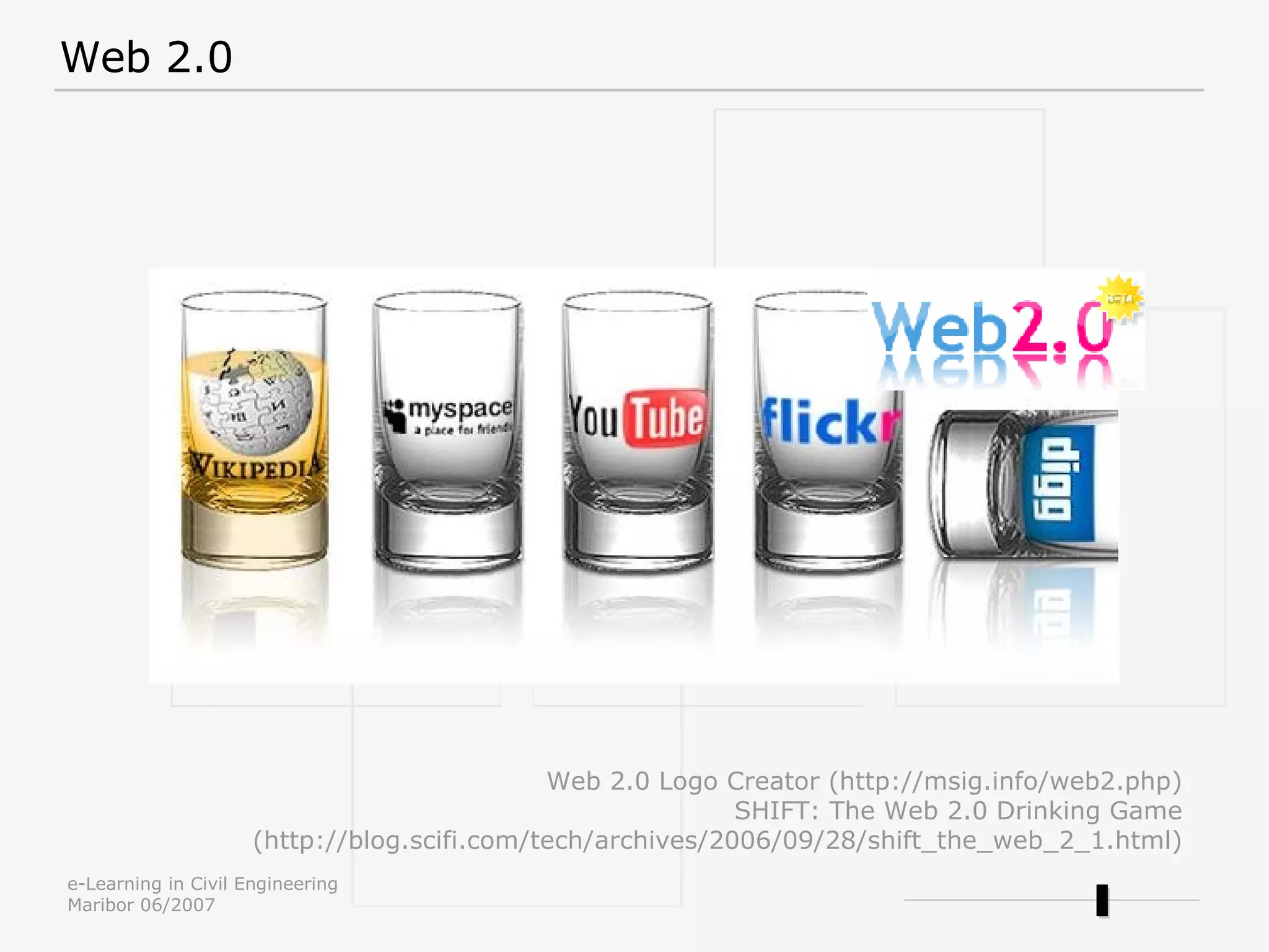Web 2.0 Logo Creator (http://msig.info/web2.php) SHIFT: The Web 2.0 Drinking Game ( http://blog.scifi.com/tech/archives/2006/09/28/shift_the_web_2_1.html) Web 2.0