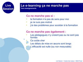 Le e-learning ça ne marche pas 1ers enseignements Ca ne marche pas si : la formation n’a pas de sens pour moi je ne suis pas motivé j’ai des problèmes pour accéder à la formation Ca ne marche pas également : Les pédagogues n’y croient pas ou ne sont pas formés Ca coûte cher Les délais de mise en œuvre sont longs L’efficacité est nulle (ou non mesurable) 