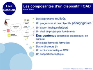 Les composantes d’un dispositif FOAD Ce qu’il faut  Des apprenants  motivés Un programme et des objectifs  pédagogiques Un expert impliqué ( tuteur ) Un chef de projet (pas forcément) Des contenus  (organisés en parcours, en cursus) Une plate-forme de formation Des ordinateurs (!) Un accès informatique ADSL Un support informatique 