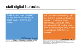 staff digital literacies
digital literacy must necessarily
be less about tools and more
about ways of thinking and
seeing.
NMC Horizon Report
(Higher Education edition, 2010)
the confidence of teaching staff
has a strong impact on students’
satisfaction with the use of
technology…(although many
students are)…still unclear about
how the technologies they use at
university can help them to
succeed.
(Beetham, 2014)Johnson, L., Levine, A., Smith, R., Stone, S. (2010). The 2010 horizon report:
Higher education edition. Austin, Texas: The New Media Consortium.
Beetham, H. (2014, June 23). Students’ experiences and expectations of the
digital environment. JISC Blog. Retrieved 27/04/15 from
http://www.jisc.ac.uk/blog/ students-experiences-and-expectations-of-the-
digital-environment-23-jun-2014
 
