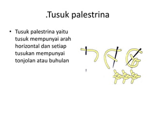 .Tusuk palestrina
• Tusuk palestrina yaitu
  tusuk mempunyai arah
  horizontal dan setiap
  tusukan mempunyai
  tonjolan atau buhulan
 