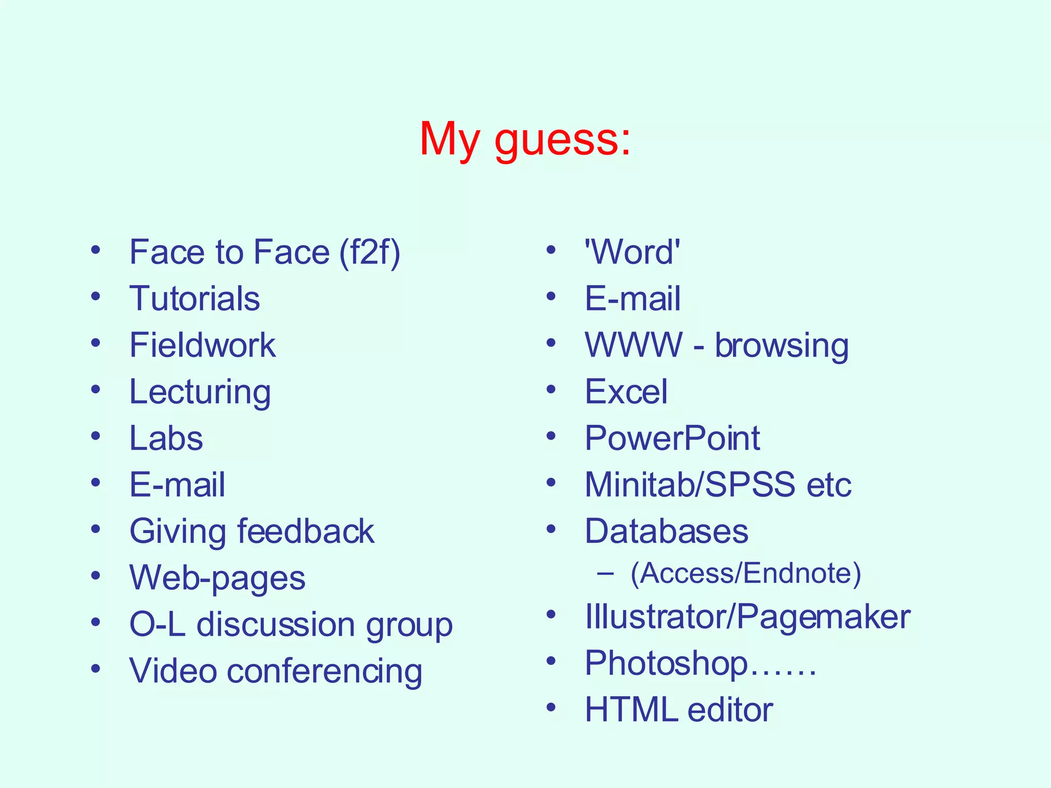 My guess: Face to Face (f2f) Tutorials Fieldwork Lecturing Labs E-mail Giving feedback Web-pages O-L discussion group Video conferencing 'Word' E-mail WWW - browsing Excel PowerPoint Minitab/SPSS etc Databases (Access/Endnote) Illustrator/Pagemaker Photoshop…… HTML editor 