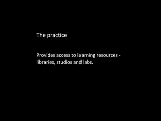 Provides access to learning resources - libraries, studios and labs. The practice 