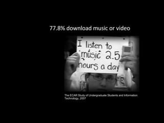 77.8% download music or video The ECAR Study of Undergraduate Students and Information Technology, 2007 