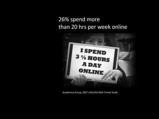 26% spend more  than 20 hrs per week online Academica Group, 2007 UAS/CAS Web Trends Study 