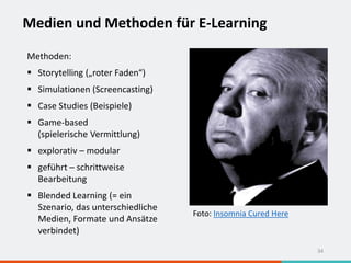Medien und Methoden für E-Learning
34
Methoden:
 Storytelling („roter Faden“)
 Simulationen (Screencasting)
 Case Studies (Beispiele)
 Game-based
(spielerische Vermittlung)
 explorativ – modular
 geführt – schrittweise
Bearbeitung
 Blended Learning (= ein
Szenario, das unterschiedliche
Medien, Formate und Ansätze
verbindet)
Foto: Insomnia Cured Here
 