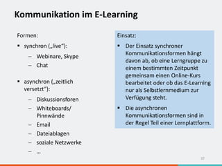 Kommunikation im E-Learning
37
Formen:
 synchron („live“):
 Webinare, Skype
 Chat
 asynchron („zeitlich
versetzt“):
 Diskussionsforen
 Whiteboards/
Pinnwände
 Email
 Dateiablagen
 soziale Netzwerke
 …
Einsatz:
 Der Einsatz synchroner
Kommunikationsformen hängt
davon ab, ob eine Lerngruppe zu
einem bestimmten Zeitpunkt
gemeinsam einen Online-Kurs
bearbeitet oder ob das E-Learning
nur als Selbstlernmedium zur
Verfügung steht.
 Die asynchronen
Kommunikationsformen sind in
der Regel Teil einer Lernplattform.
 