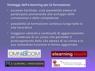 accesso facilitato, cioè possibilità estesa di partecipare pienamente allo sviluppo delle conoscenze e delle competenze possibilità di formazione continua lungo tutta la vita lavorativa maggiore velocità e continuità di aggiornamento dei contenuti di un corso che permette il prolungamento della vita stessa di un corso e la sua immediata fruizione in forma aggiornata Vantaggi dell'e-learning per la formazione: 