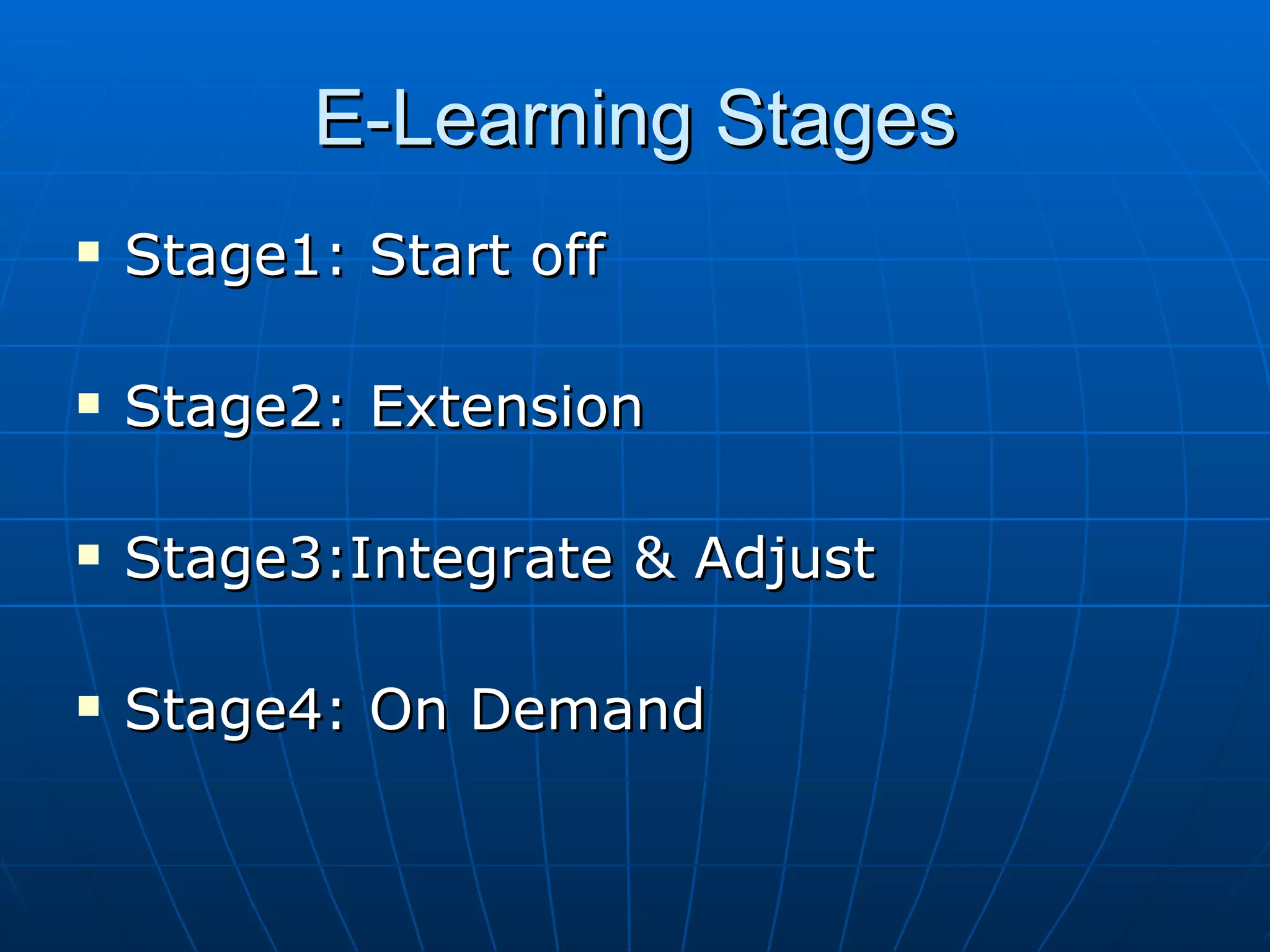 E-Learning Stages Stage1: Start off Stage2: Extension  Stage3:Integrate & Adjust Stage4: On Demand 
