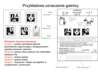 Przykładowe oznaczenie gaśnicy Pole  opisowe 1  Piktogramy dla grup pożarowych Grupa A  - pożary ciał stałych głównie pochodzenia organicznego z występowaniem zjawiska żarzenia i płomieni Grupa B  - pożary cieczy palnych lub materiałów topiących się  Grupa C  - pożary gazów Grupa D  - pożary metali Grupa F  – tłuszczów i olejów szczególnie w urządzeniach  kuchennych  Pole  opisowe 2  Pole  opisowe 3  Pole opisowe 4  Pole opisowe 5  F 