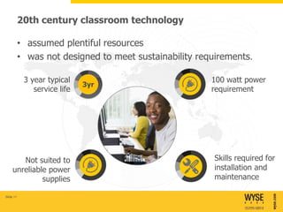 20th century classroom technology

           • assumed plentiful resources
           • was not designed to meet sustainability requirements.

            3 year typical                              100 watt power
                              3yr
               service life                             requirement




        Not suited to                                    Skills required for
     unreliable power                                    installation and
              supplies                                   maintenance

Slide 11
 