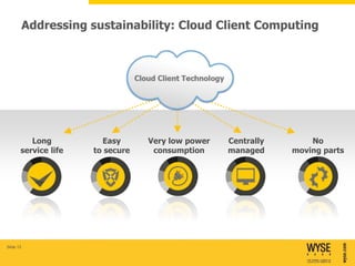 Addressing sustainability: Cloud Client Computing




          Long          Easy      Very low power   Centrally       No
       service life   to secure    consumption     managed     moving parts




Slide 13
 