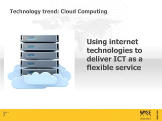 Technology trend: Cloud Computing




                                    Using internet
                                    technologies to
                                    deliver ICT as a
                                    flexible service




Slide 3
3
 