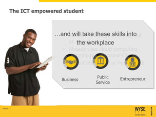 The ICT empowered student



                         …and will take these as a tool, not
                           • Treats technology skills into
                             an objective
                                the workplace
                            • Already uses cloud computing
                              technology in personal life
                            • Is confident in his or her ICT use

                                           Public    Entrepreneur
                           Business
                                          Service




Slide 8
 