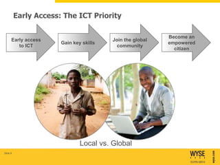 Early Access: The ICT Priority

                                                           Become an
      Early access                       Join the global
                       Gain key skills                     empowered
         to ICT                            community
                                                             citizen




                               Local vs. Global
Slide 9
 