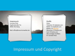 Grafik und Fotos:
Titelseite, Büroschlaf: © berlinrob - Clipdealer GmbH
Folie 5, Bettler: © wildcat78 - Clipdealer GmbH
Folie 6, Dieter Bohlen: © Blecmen http://en.wikipedia.org/wiki/User:Blecmen
Quelle: http://de.wikipedia.org/w/index.php?title=Datei:Dieterbohlen2006.jpg&filetimestamp=20091023165634
Folie 9, Geschäftsleute im Gespräch: © Kzenon - Fotolia.com
Folie 10: Eselskopf: © jokatoons - Fotolia.com
Sonstige Grafik: © Cornelie Picht
Für alle Lizenzen von clipdealer.com und fotolia.com habe ich die Nutzungsrechte erworben.
Das Kopieren, verbreiten und sonstige die Verwendung der Fotos ist untersagt!

Copyright

 