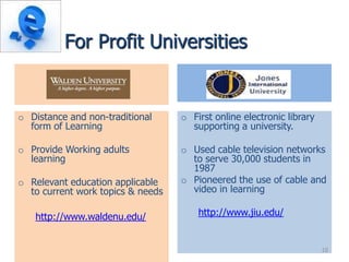For Profit Universities


o Distance and non-traditional     o First online electronic library
  form of Learning                   supporting a university.

o Provide Working adults           o Used cable television networks
  learning                           to serve 30,000 students in
                                     1987
o Relevant education applicable    o Pioneered the use of cable and
  to current work topics & needs     video in learning

   http://www.waldenu.edu/             http://www.jiu.edu/


                                                                       10
 