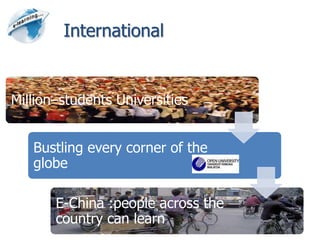 International


Million–students Universities


   Bustling every corner of the
   globe

       E-China :people across the
       country can learn
                                    12
 