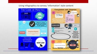 Using infographics to convey ‘information’ style content
‘Piktochart’
 