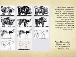"Picasso ended up where
normally he should have
started." It's true; but in
order to achieve his pure
and linear rendering of
the bull, he had to pass
through all of the
intermediary stages. And
when you stand before
his eleventh bull, it's hard
to imagine the work that
went into it"...
Pablo Picasso, Les
11 états successifs
de la lithography Le
Taurean , 1945.
 