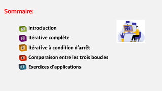 Introduction
Itérative complète
Itérative à condition d’arrêt
Comparaison entre les trois boucles
Exercices d'applications
Sommaire:
1
2
3
4
5
 