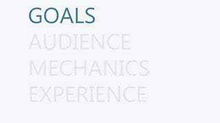 GOALS
AUDIENCE
MECHANICS
EXPERIENCE
 