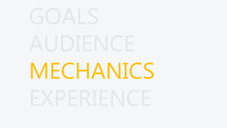 GOALS
AUDIENCE
MECHANICS
EXPERIENCE
 