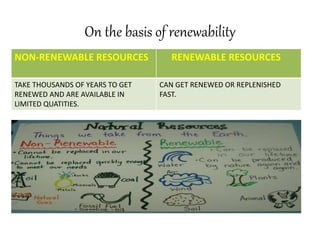On the basis of renewability
NON-RENEWABLE RESOURCES RENEWABLE RESOURCES
TAKE THOUSANDS OF YEARS TO GET
RENEWED AND ARE AVAILABLE IN
LIMITED QUATITIES.
CAN GET RENEWED OR REPLENISHED
FAST.
 
