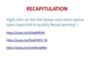 RECAPITULATION
Right click on the link below and select option
open hyperlink to quickly Recap learning :-
https://youtu.be/42lxgPflEKM
https://youtu.be/OasbYWF4_S8
https://youtu.be/amDNovg9f0o
 